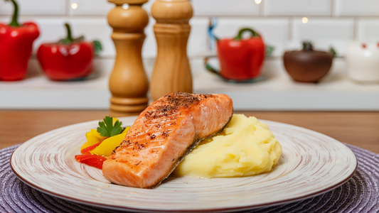 Saumon grillé au mélange cinq baies et purée de pommes de terre maison